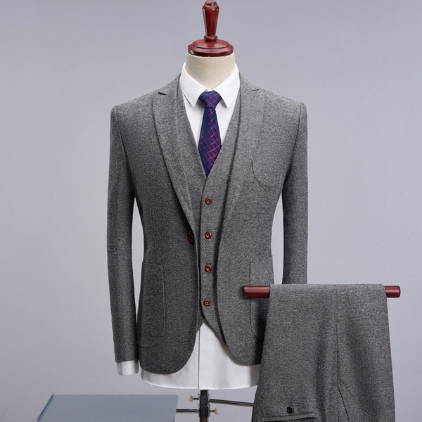 Suit for men’s retro style grey thickened business casual suit three piece groomsman’s best man