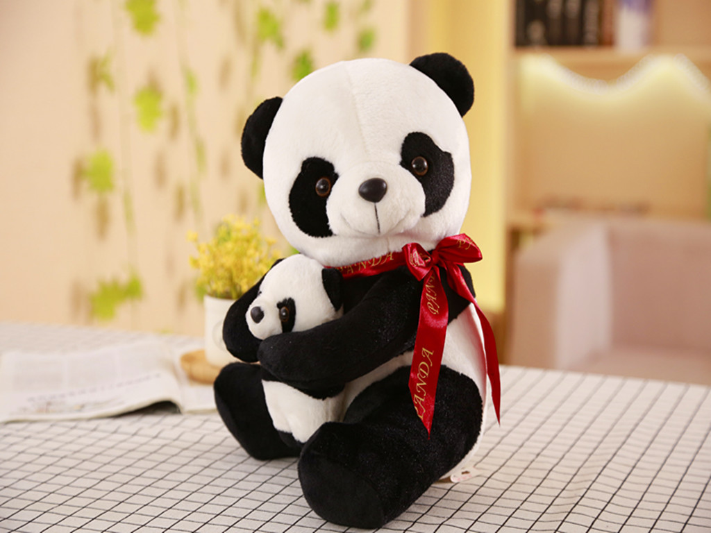 毛绒玩具熊猫公仔,熊猫抱抱熊,丝带亲子熊猫