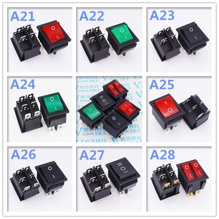 KCD4 船型开关 船形 翘板电源按钮 4脚6脚带灯 16A 250V 31x25mm