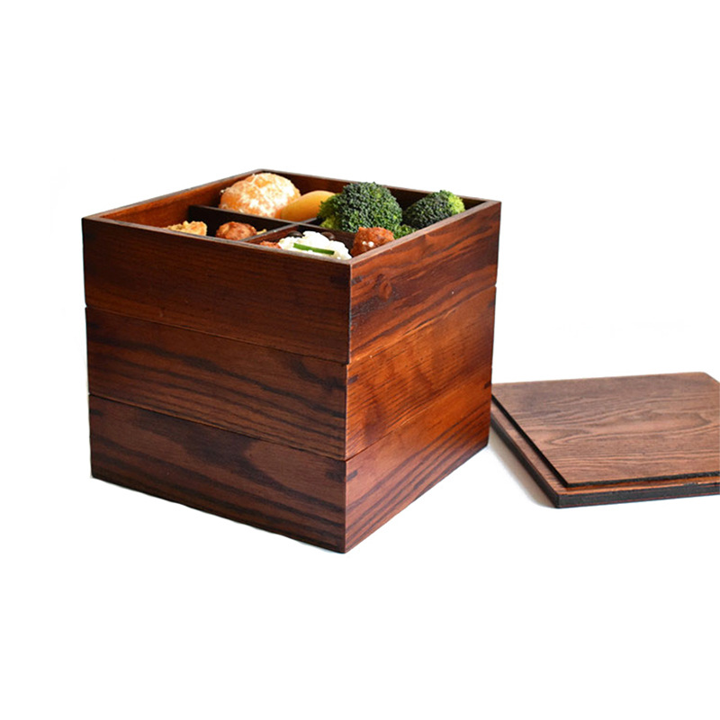 三层木制饭盒 日式便当盒 实木框架 快餐盒 儿童寿司 储物盒