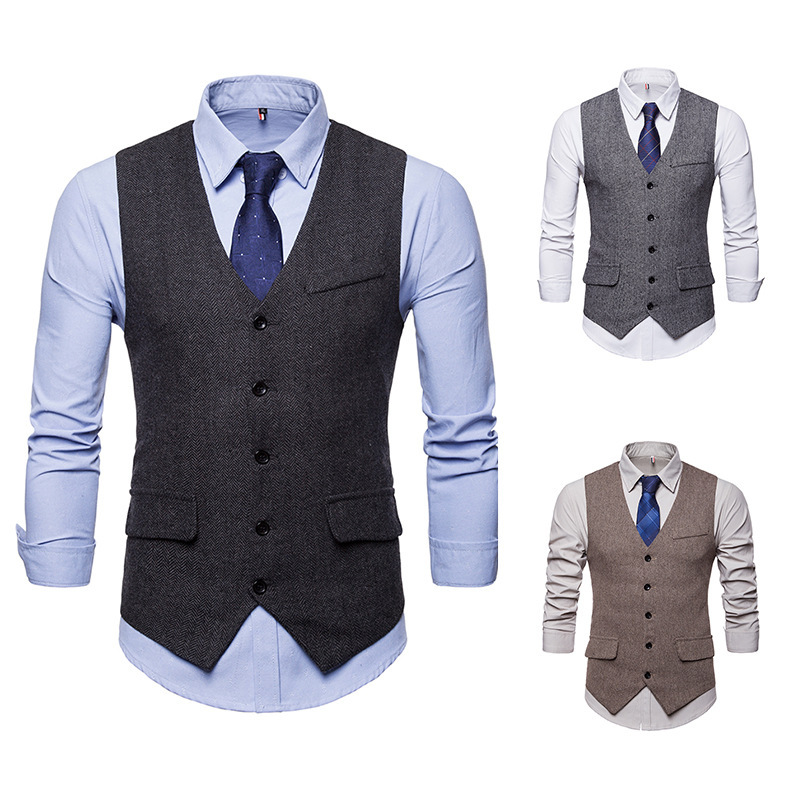 AliExpress Men's Spring and Autumn New Herringbone Single-breasted Vest Men's Korean-style Slim-fit Solid Color Suit Vest