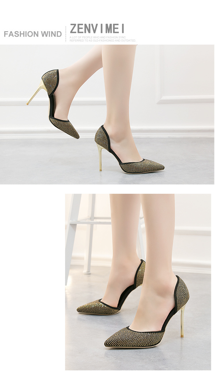 Chaussures à talons hauts super hauts élégantes et élégantes à bout peu profond et pointu avec strass brillants creux pour femmes_voghion.com