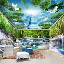 3d个性瀑布流水森林仙鹤白鸽酒店主题客房背景墙纸卧室客厅壁画