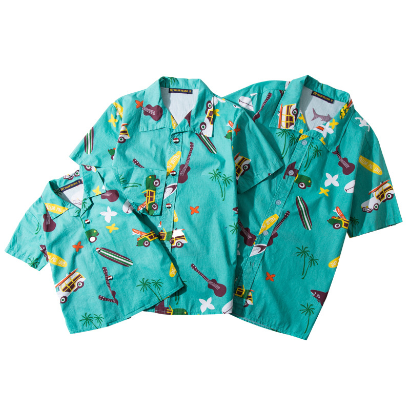 泰国旅游男士纯棉短袖衬衫夏季薄款加肥加大休闲青年花衬衫亲子装