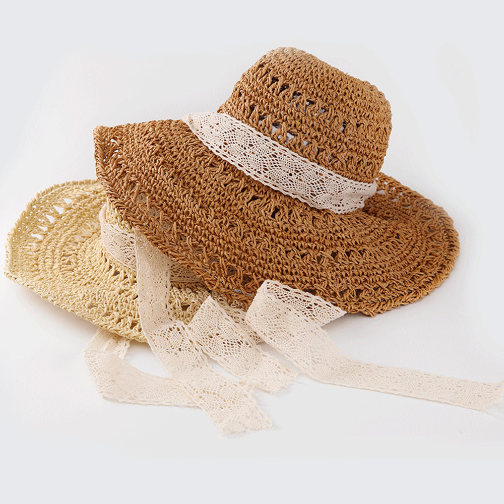 Korean Summer Handmade Windproof Big-edge Suncreen Lace Straw Hat display picture 3