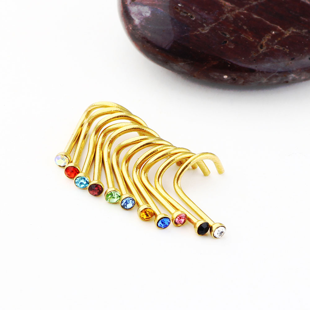 Gold Diamond Curved Nose Stud Nose Ring Ear Studs Piercing Jewelry 316L Surgical Steel detail image 10