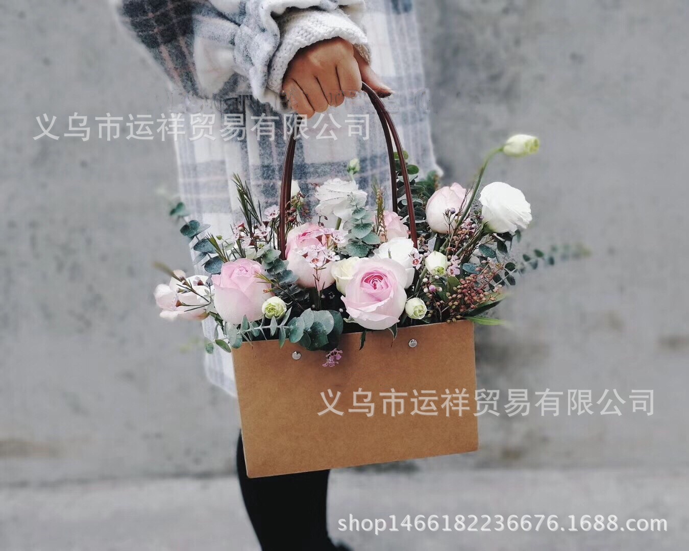 精品手提纸袋 纸质鲜花手提袋 手提礼品袋 插花手腕袋 防水鲜花蓝