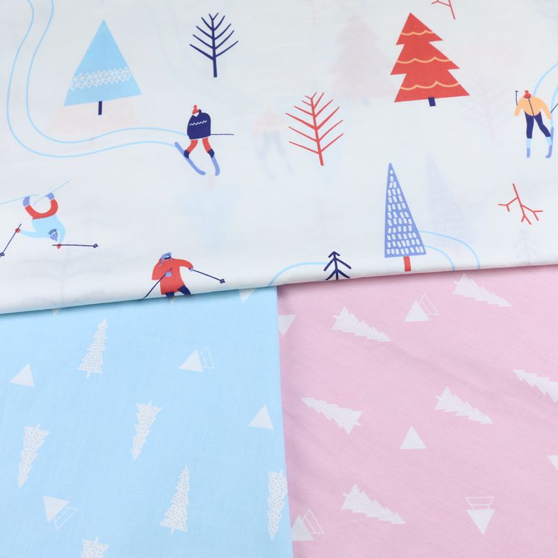 全棉印花斜纹布料 卡通杉树滑雪运动员 儿童ins被套床单抱枕面料