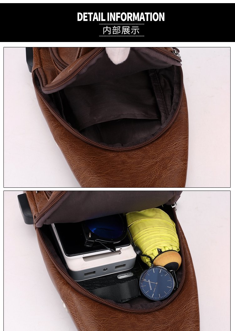 Cross -border explosion USB men's chest bag portable charging casual mesengers outdoor sports PU chest bag