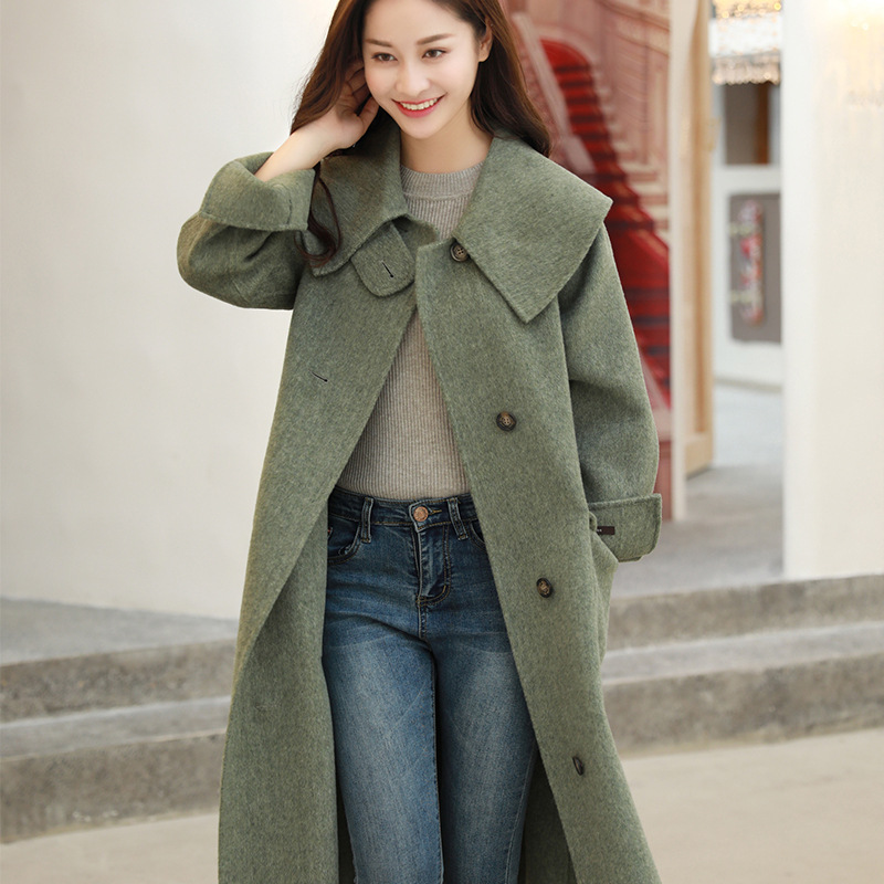 Korean Edition literature comfortable overcoat manual Double-sided it Wool coat Korean Edition Mustard Green Easy Lapel