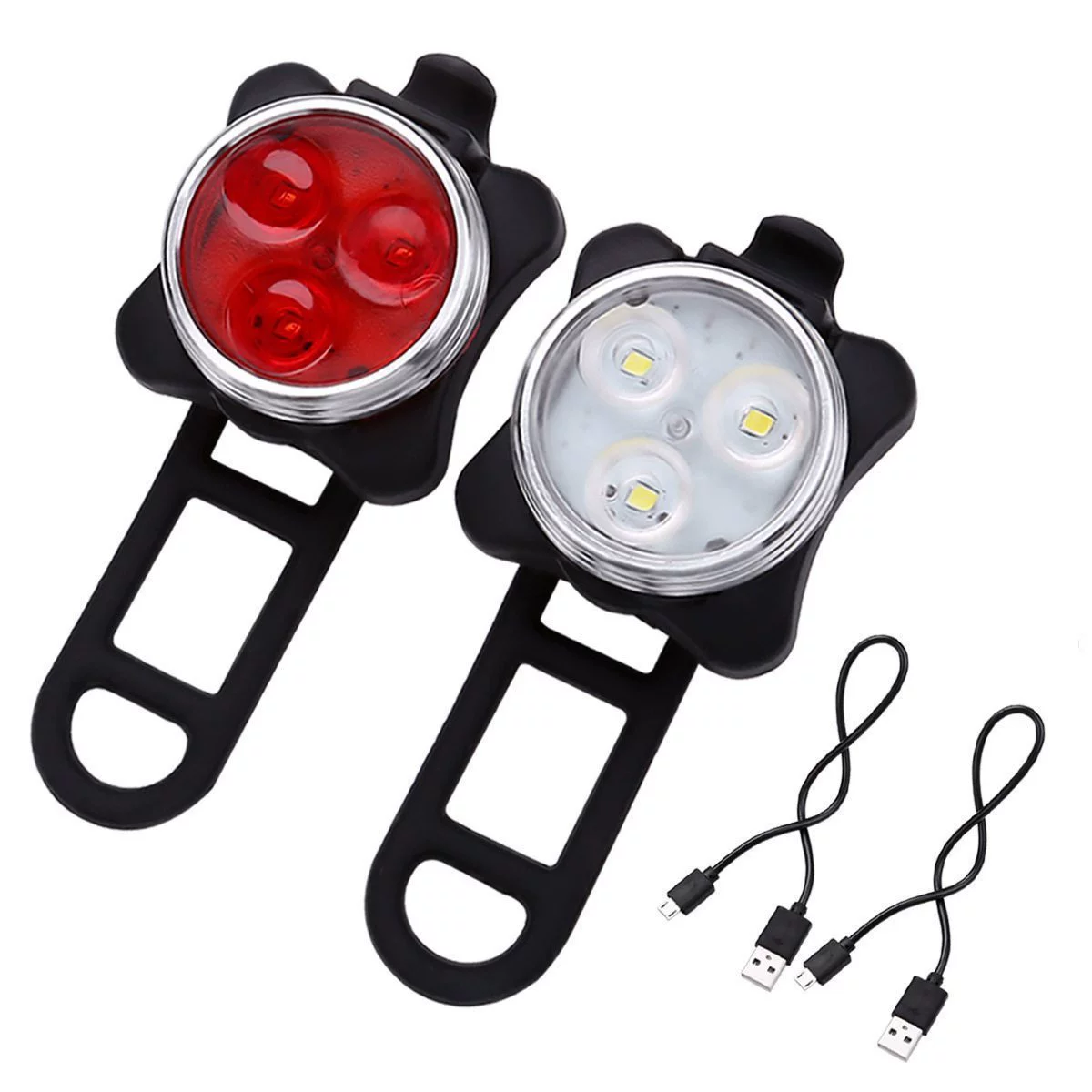 LED bike light set, front & rear USB rechargeable, COB/LED, 650 mAh, red+white
