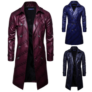 Men’s long dark pattern Fashion double breasted personality long leather