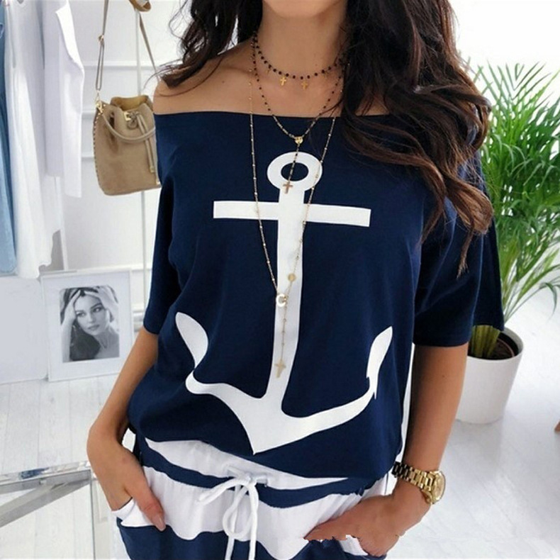 new loose one-shoulder bat shirt printed T-shirt NSKX6221