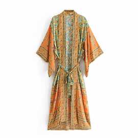 现货欧美风女装新款定位印花及踝和服式长袍黄色 8726
