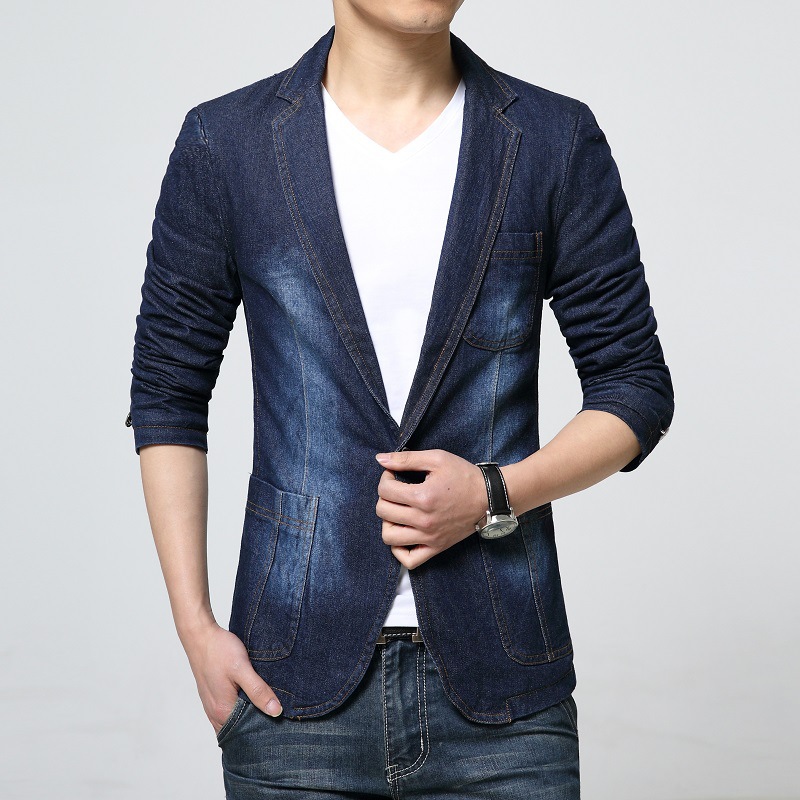 Spring New Men's One Button Denim Suit Korean Style Slim Fit Men's Large Size Denim Suit Top Big Goods