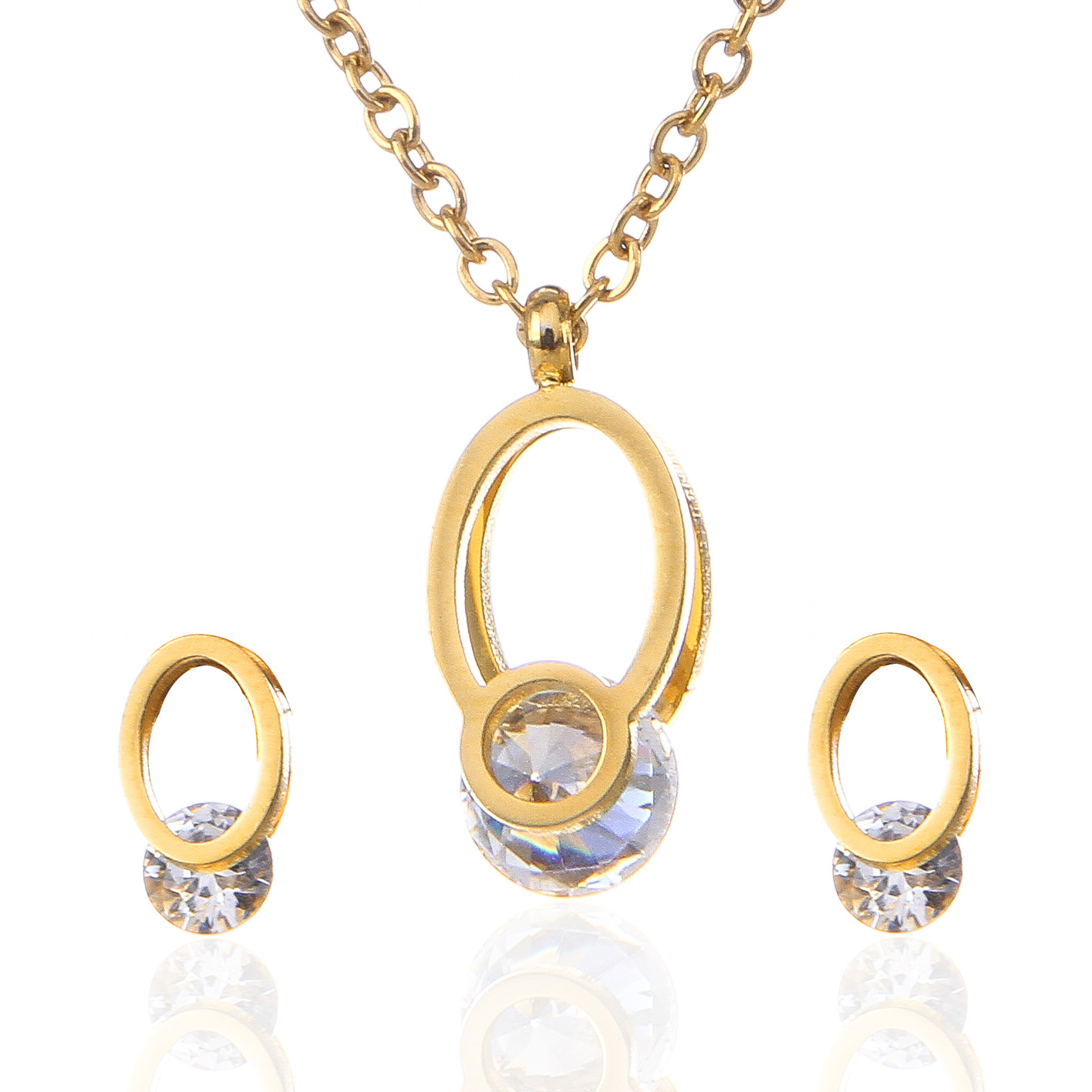 CHINTEN 欧美钛钢几何镂空椭圆水钻耳钉花卉项链爱心套装跨境新品