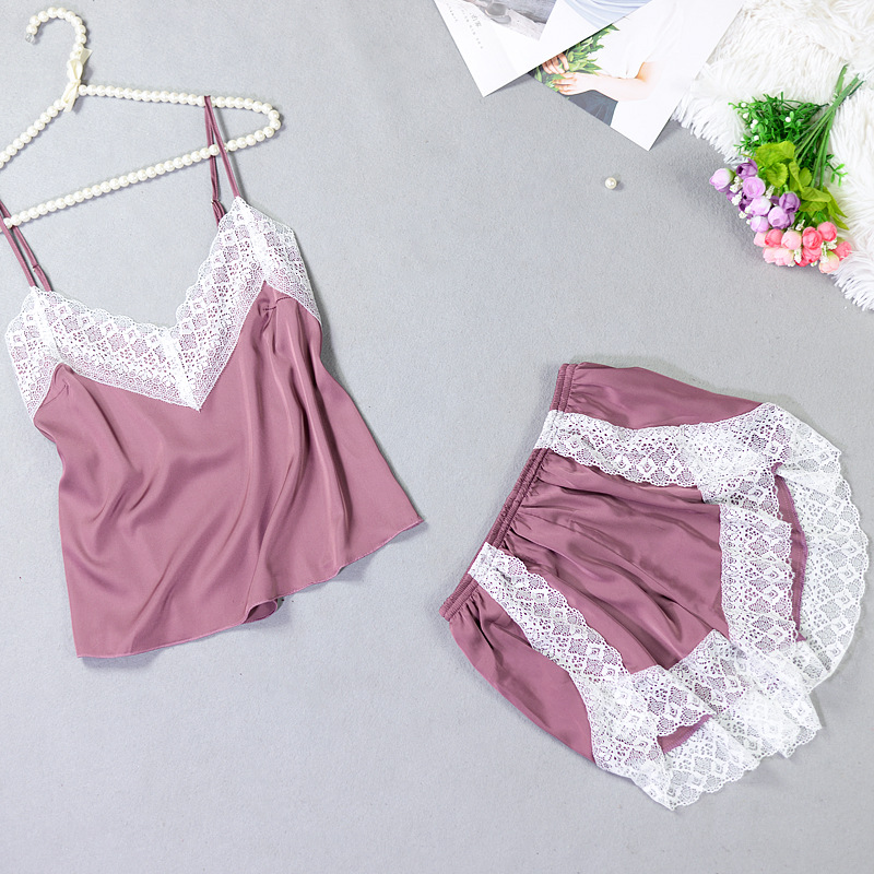 New ice silk-like silk pajamas women's sexy lace vest shorts two-piece silk pajamas suit foreign trade