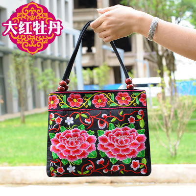 2024 nuevo bolso de cuentas de madera de doble capa portátil de mediana edad y ancianos bolso de bordado de estilo étnico bolso de lona portátil de un solo hombro bordado