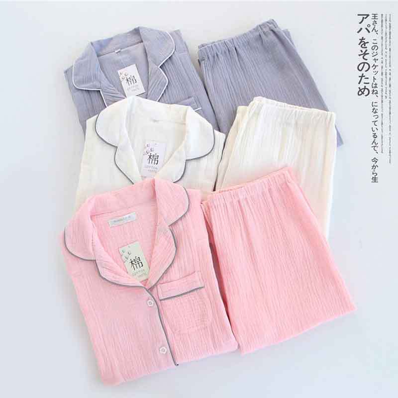 春秋長袖純色绉布月子服哺乳衣 女士産後夏季棉質水洗家居服套裝