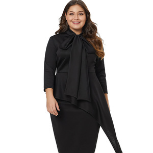 mid-length dress bow tie high collar seven-minute sleeve dress  