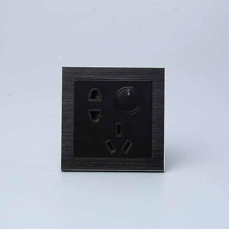 咖啡色铝拉丝一开五孔双控暗装开关插座面板 五孔带LED灯家用电源