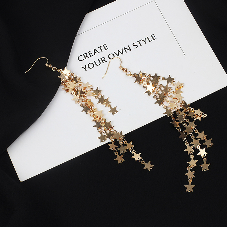 6g Weight No Inlaid Inlay Material Earrings Classification Wedding, Travel Occasion Metal Material Star Pattern Women'S Gender Plating Design Gold, Silver Color Hot-selling Fashion New Beautiful Fairy Five-pointed Star Tassels Earrings 19