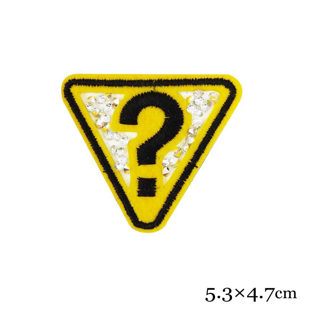 强大绣花现货供应 黄色三角形问号服饰烫钻布贴 工厂订做满额包邮
