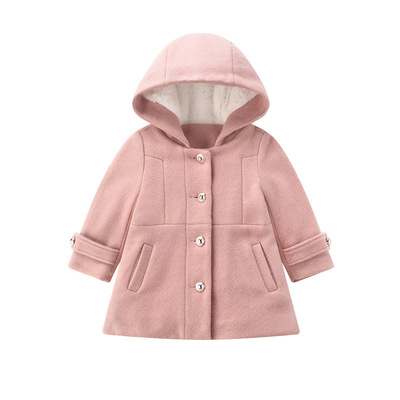 冬新款歐美童裝羊毛呢大衣女童外套連帽加厚長款兒童外套