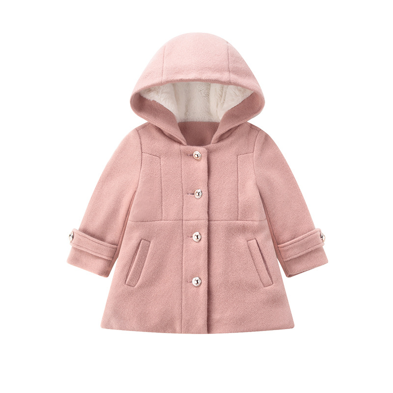 冬新款歐美童裝羊毛呢大衣女童外套連帽加厚長款兒童外套