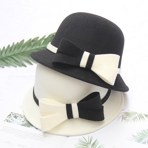 Korean style autumn and winter women's woolen hat two-color large bow basin hat dome elegant temperament felt hat top hat