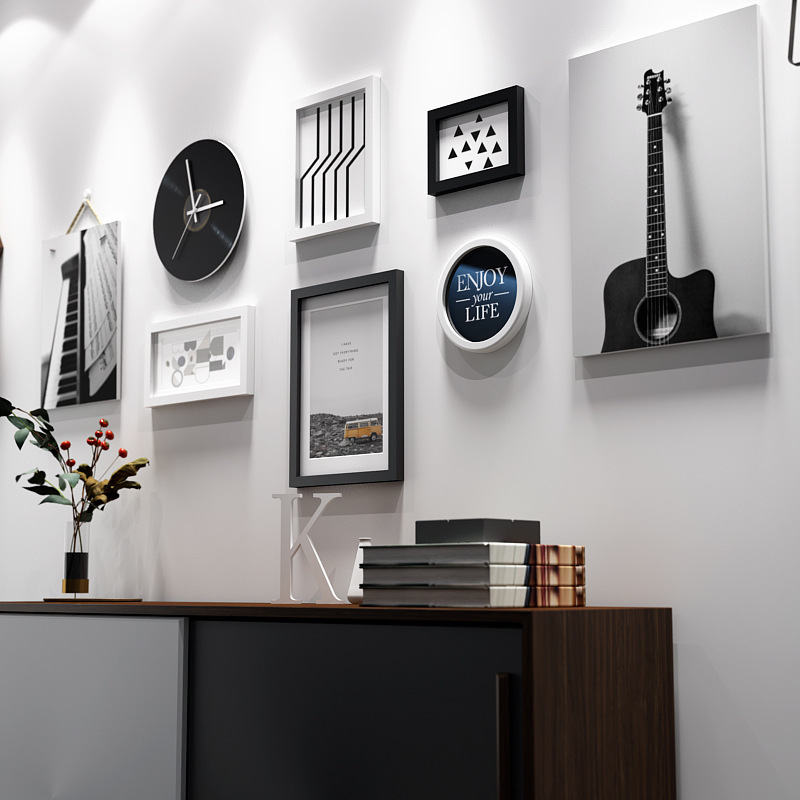 墙面北欧客厅装饰画现代简约创意背景墙带钟组合壁画卧室抽象挂画|ms