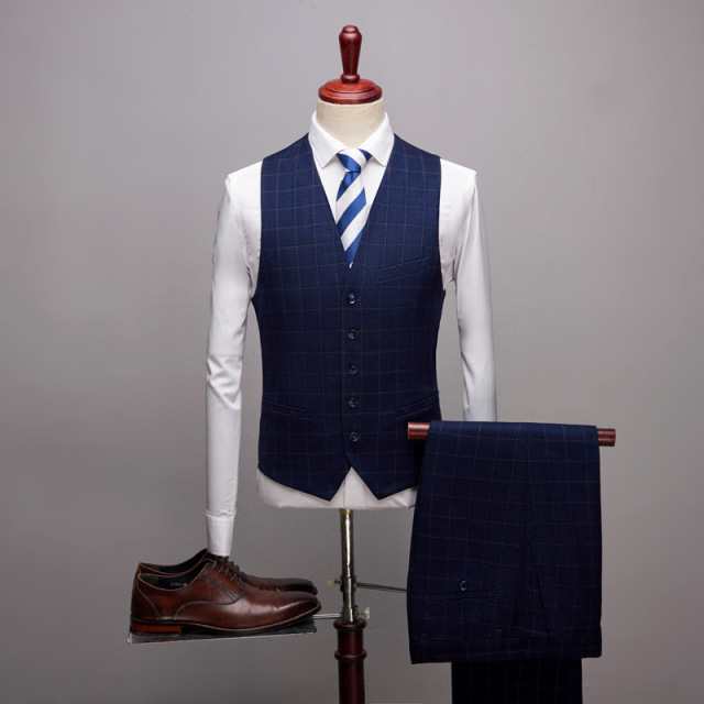 Plaid suit men’s business slim suit 3-piece bridegroom wedding best man