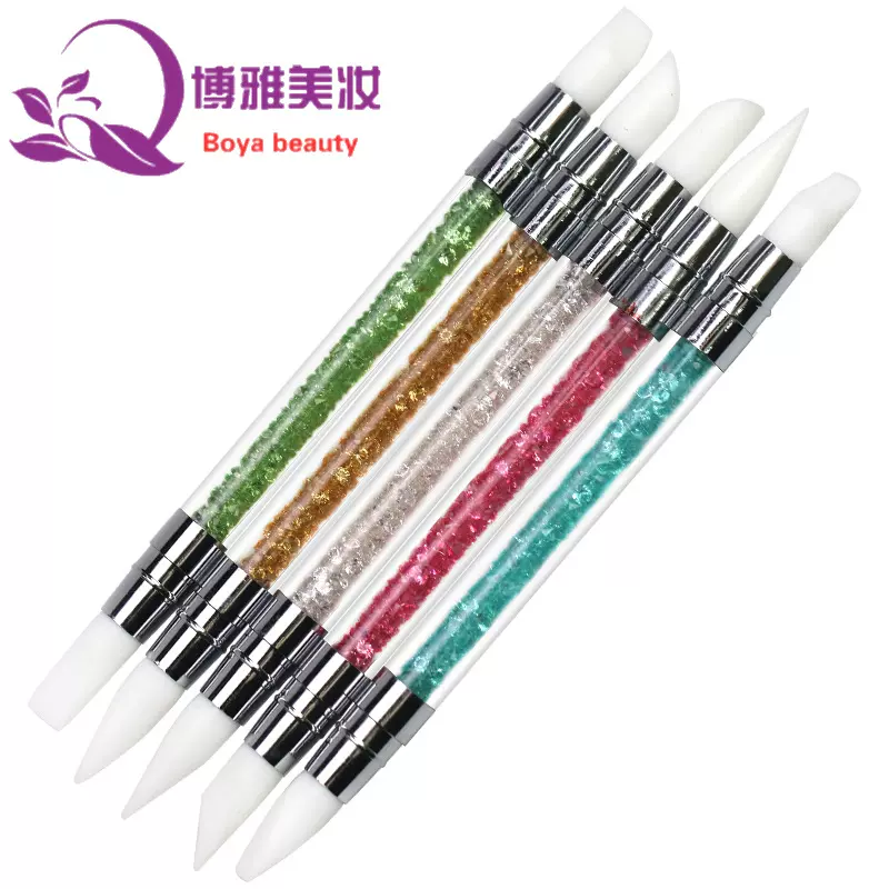 美甲工具新款美甲镂空雕刻压花笔美甲胶头笔 双头带钻硅胶笔