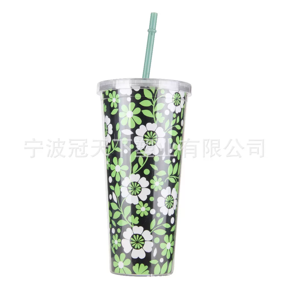 600ml 22oz ps双层吸管杯 高透塑料吸管杯 夏天冰杯咖啡冷饮水杯
