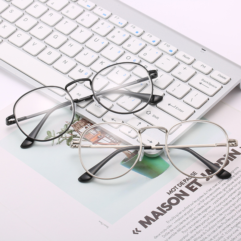 3447近視眼鏡成品100-600度經典複古防藍光金屬彈簧腿圓形平光鏡
