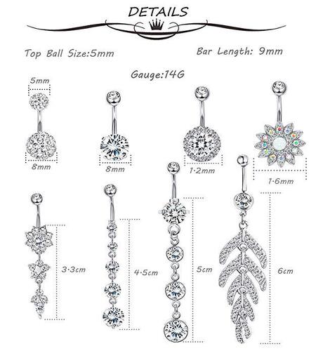 Amazon 8 Piece Stainless Steel Zircon Silver Navel Ring Set Body Piercing Jewelry Wholesale
