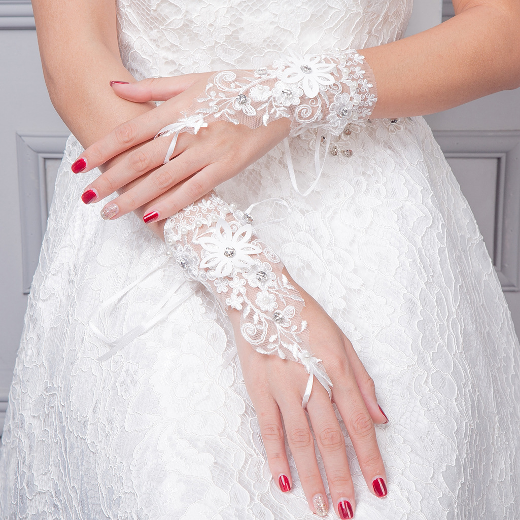 歐美婚紗手套結婚新娘禮服成人蕾絲手套婚禮服飾配件勾指短手套