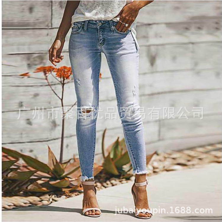 Women's Jeans In Europe And America Tattered Tassel With Holes Small Feet Show Thin