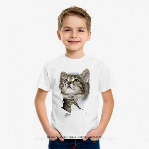 2024 Summer New Children's Crew Neck Short Sleeve Creative Tattered Cat Print T-shirt European and American Style One-piece Dropshipping