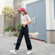 2018秋季新款女装高腰长裤 一件代发水洗牛仔裤女 高腰毛边阔腿裤