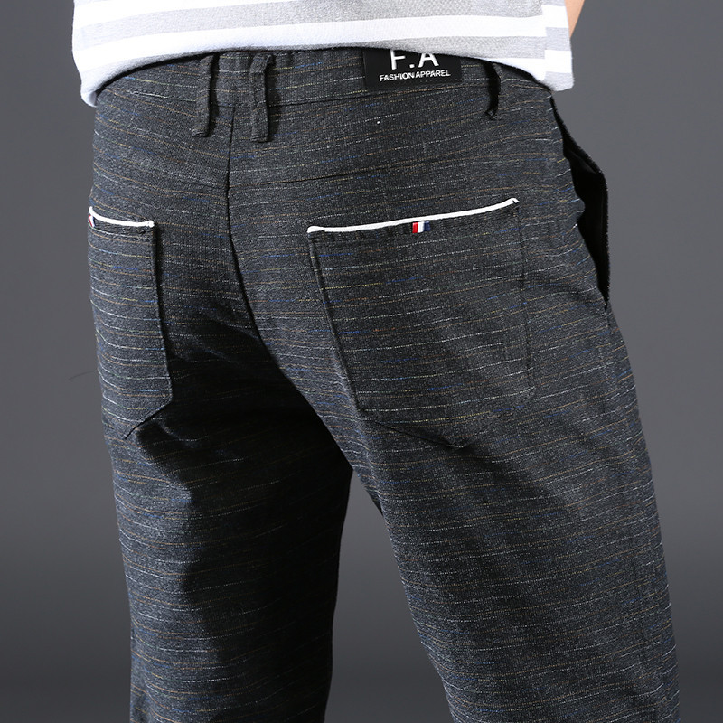 2019夏季男式休闲裤韩版修身弹力小直筒休闲裤男青年时尚条纹男裤