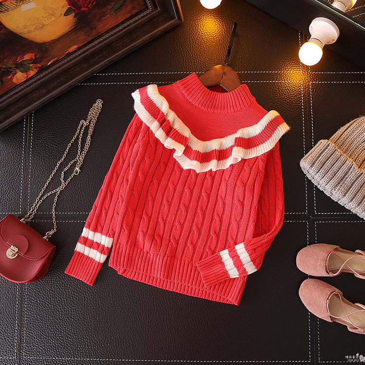 女童毛衣秋季新款韓版童裝長袖荷葉邊套頭針織毛線衣明星同款