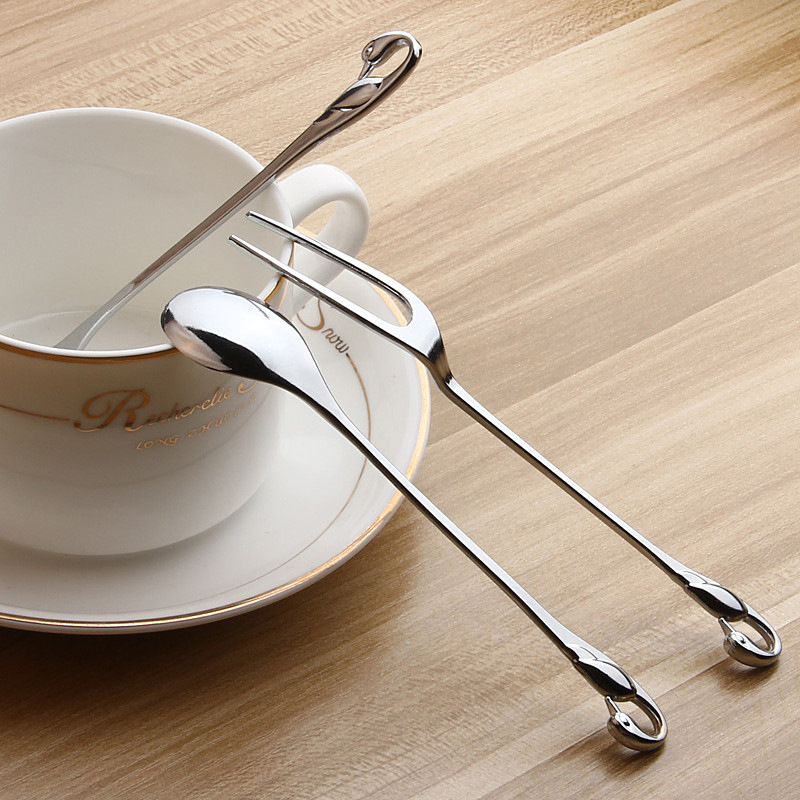 創意天鵝水果叉天鵝勺 咖啡勺甜品叉鋅合金二齒叉調料勺廠家直供