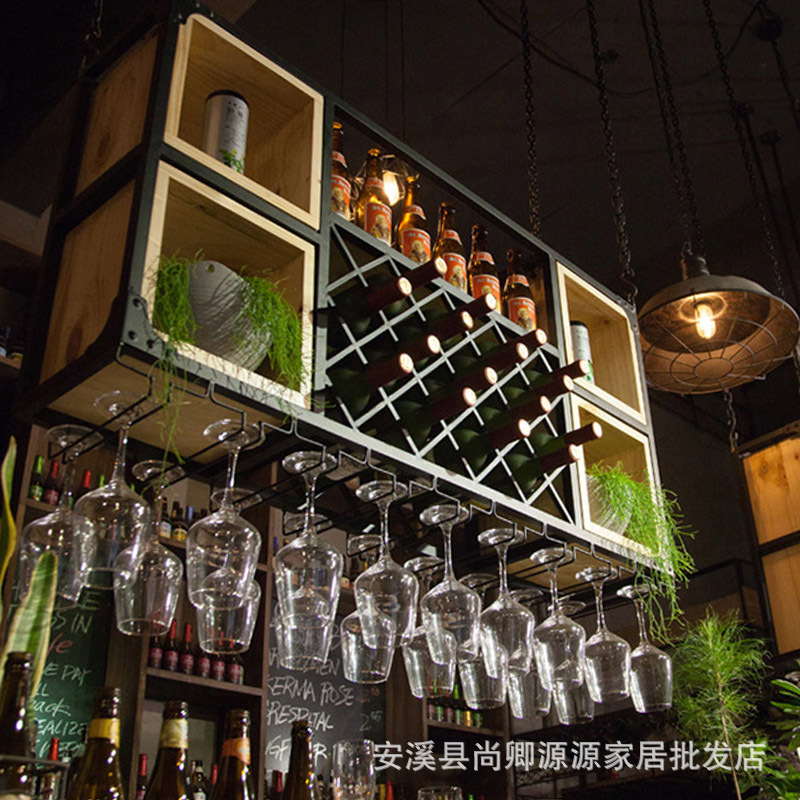 吧台吊顶悬挂酒架装饰置物架铁艺墙上壁挂红酒架吊柜高脚杯架-阿里巴巴