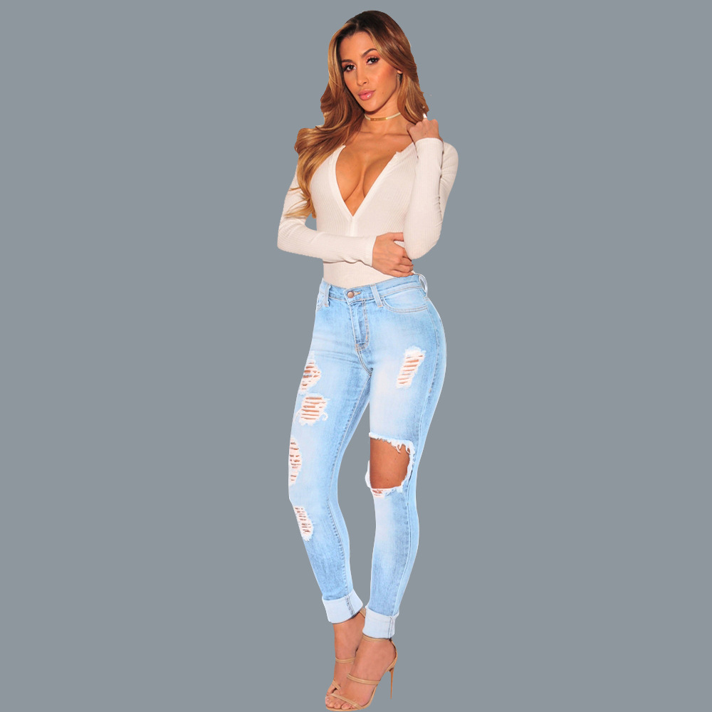 2022 New Perforated Slim Fit High Elastic Jeans Women's Pants_voghion.com