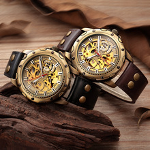 SHENHUA男士全自動機械手表古銅色復古經典雙面鏤空夜店機械手表