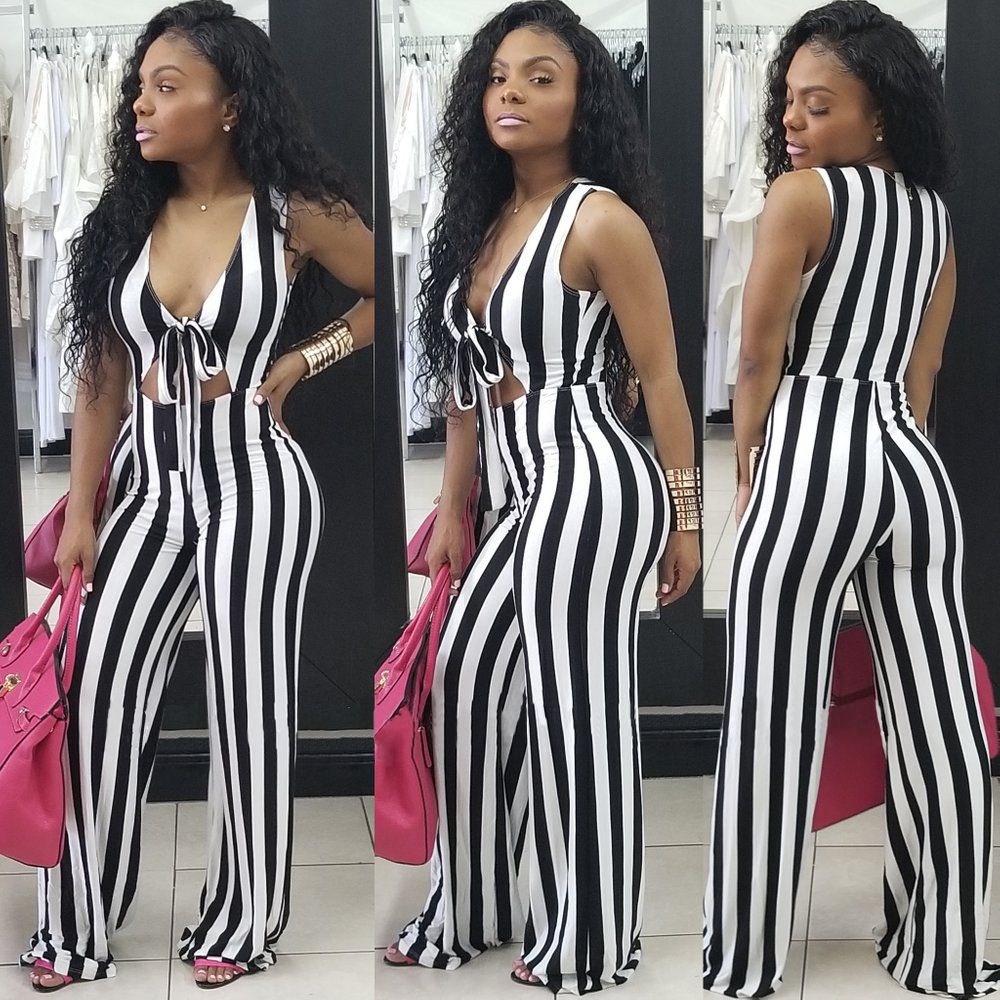 black and white striped bow jumpsuit Nihaostyles wholesale clothing vendor NSTYF72977