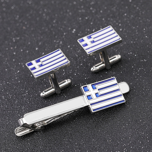 Bulk Rectangle Men's Oil Shirt Cufflinks with Cross, Greek Flag Tie Clip