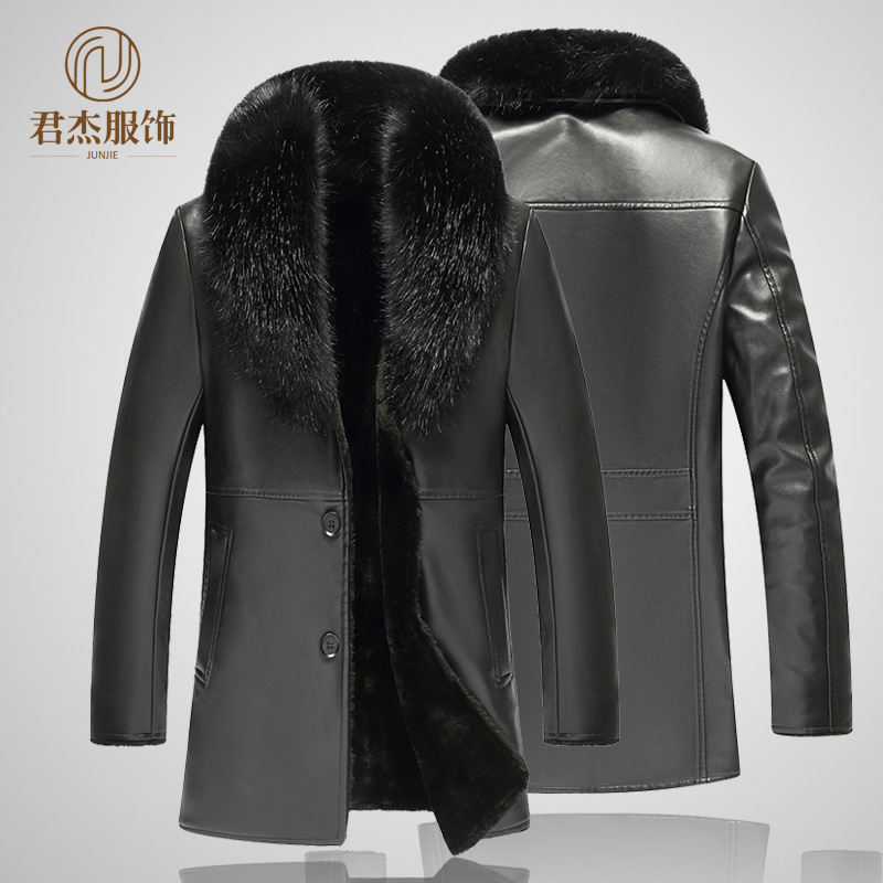 leather clothing Fur integrated Middle and old age PU leather jacket Fur collar Plush thickening Dad installed Mid length version coat