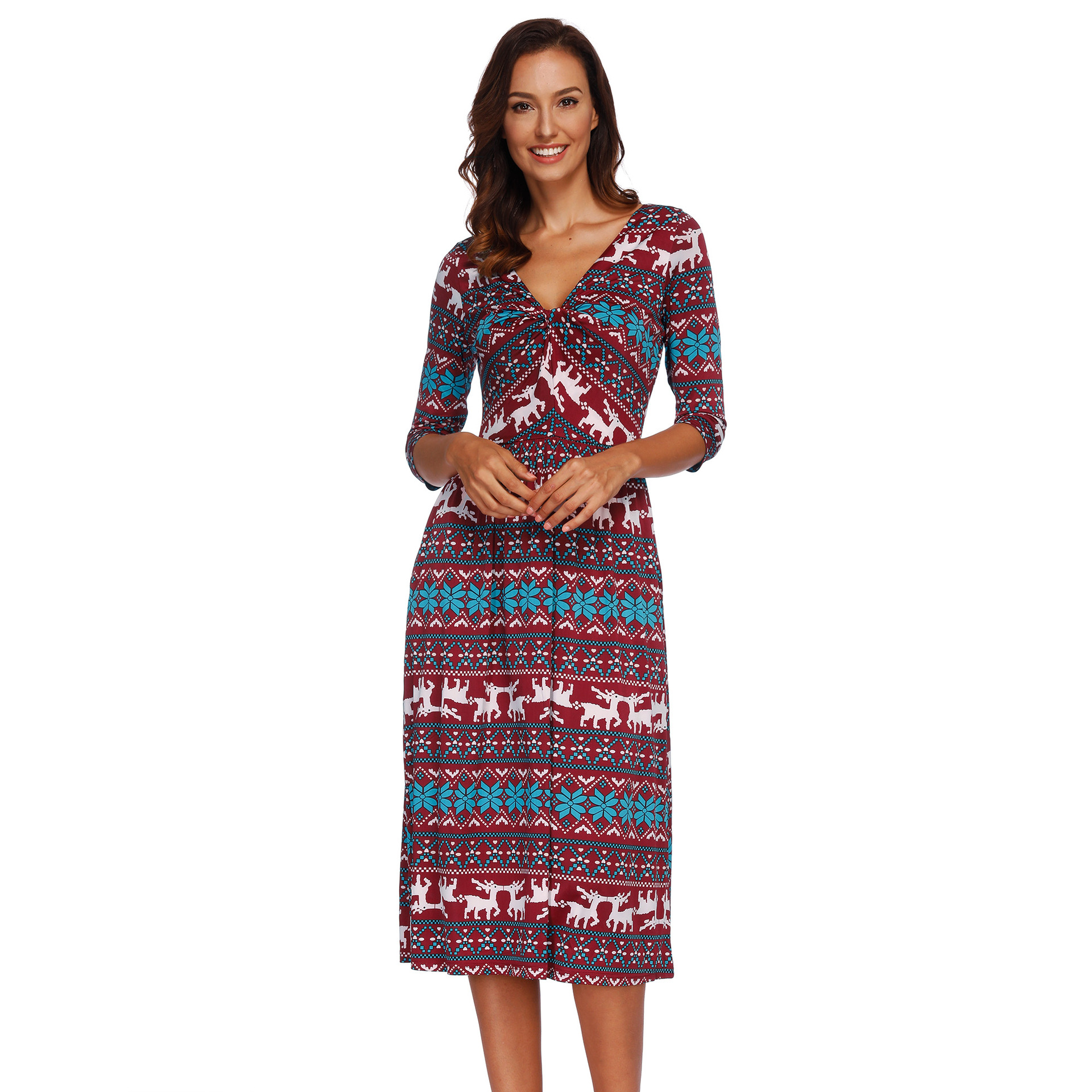 Christmas Reindeer Print Dress Three Quarter Sleeve Double Pockets Casual Style Wholesale Available